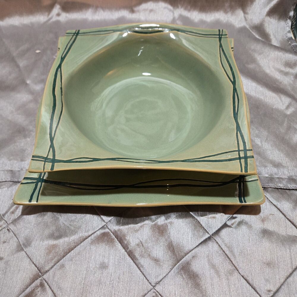 Studio Nova - Square Rim Serving Bowl With Matching Plate in Mystic Cove Green